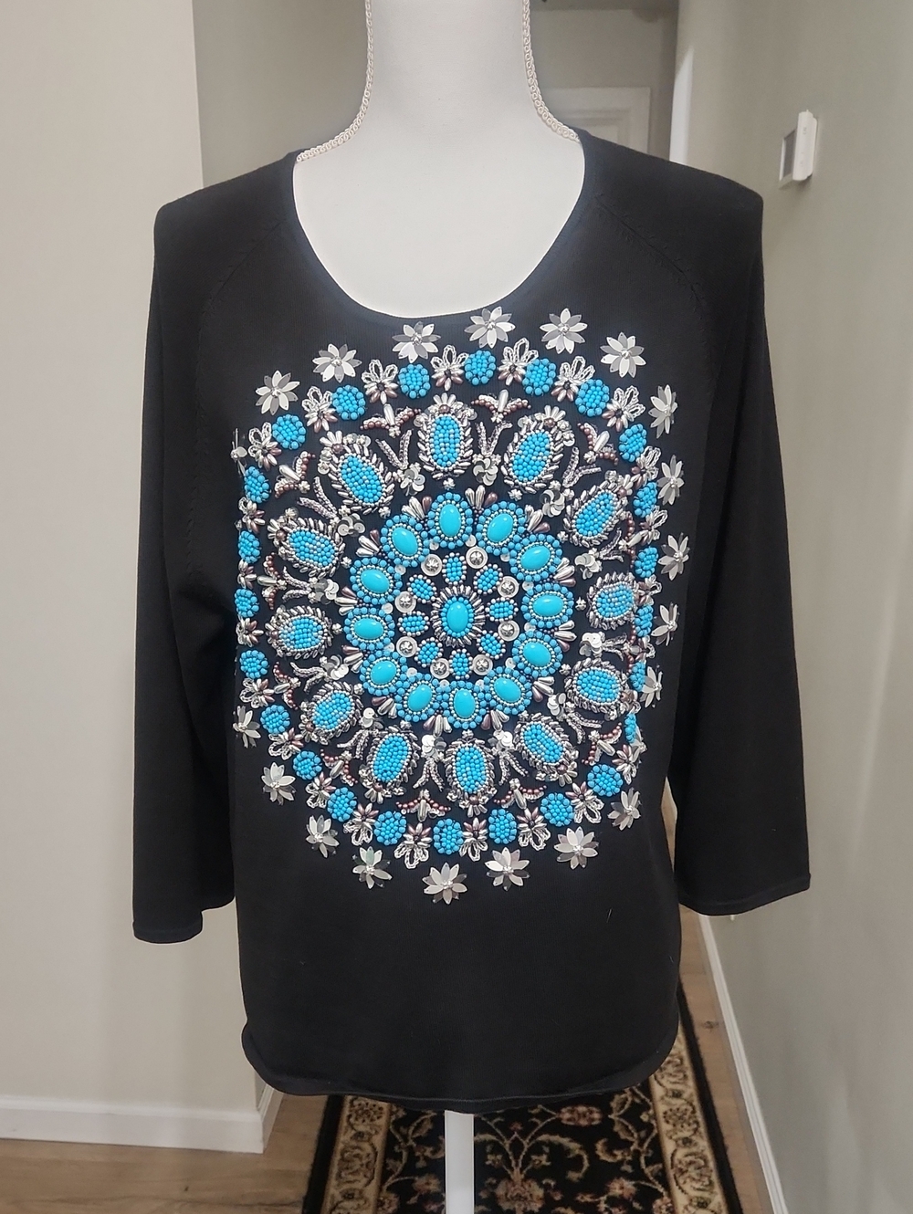 Vintage Michael Simon Beaded Mandala Top XL Silk Blend Black Turquoise EUC